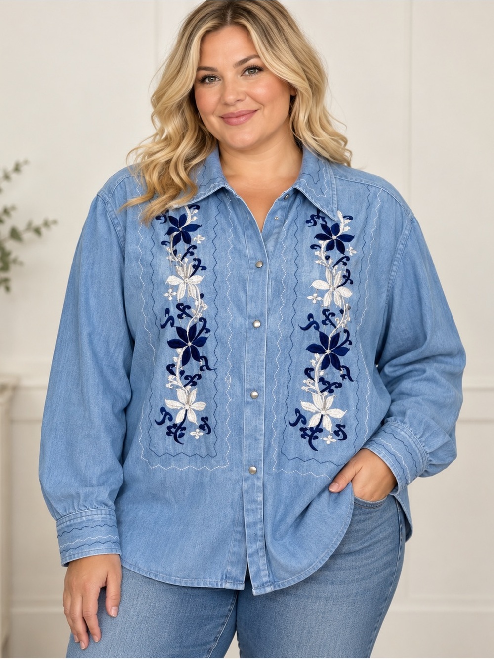 Bordados Azteca Vintage Cotton Floral Embroidered Chambray Shirt Blue Size 46